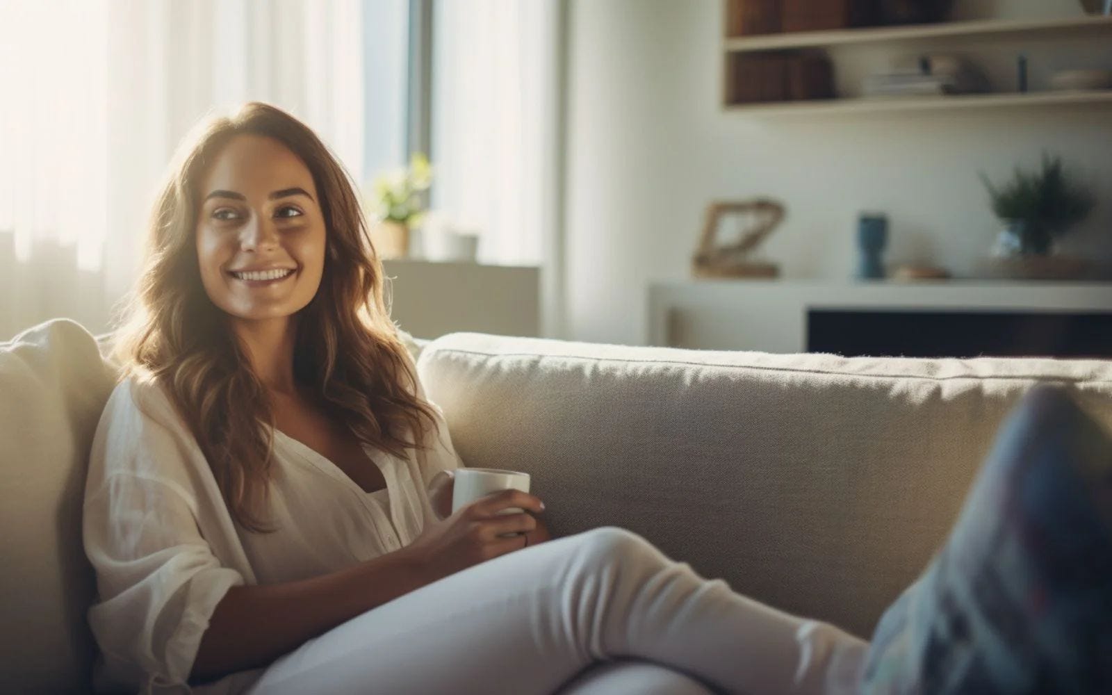 Woman Smiling on Sofa